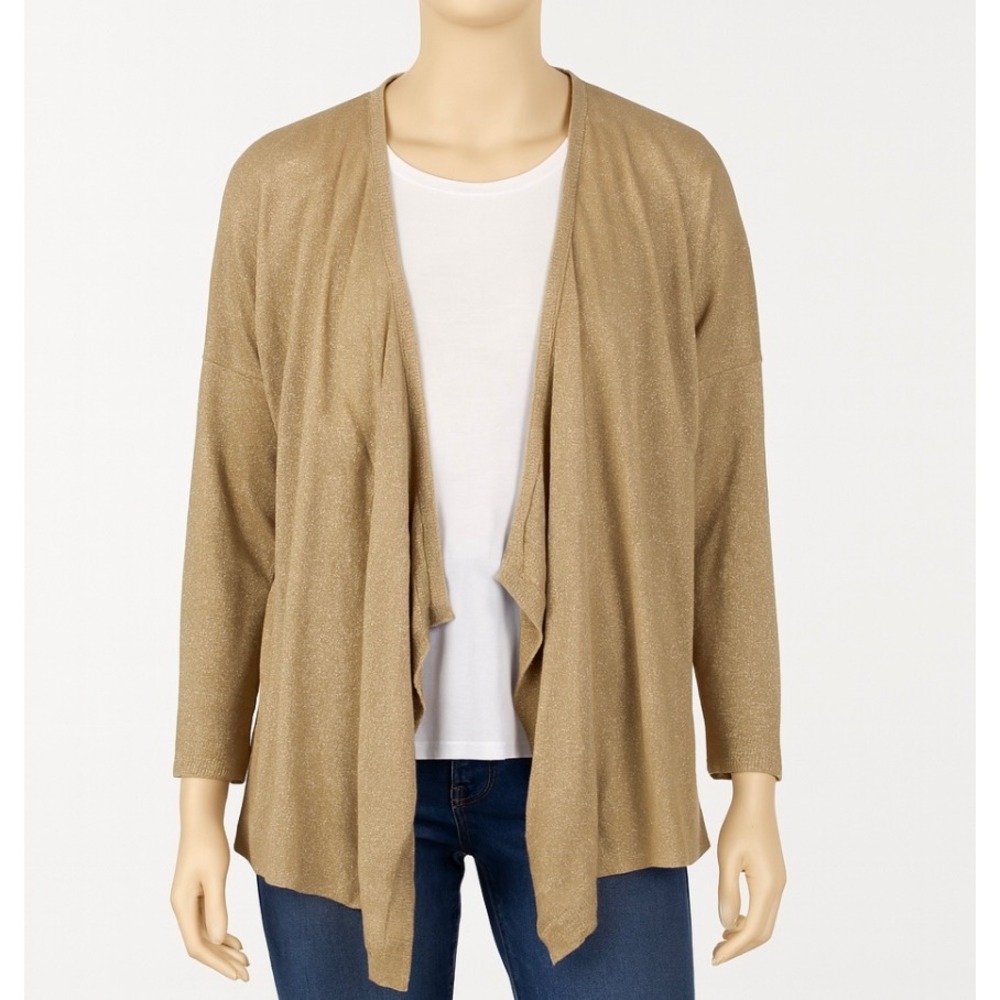 Kasper‎ Cardigan Sweater Womens Large Open Front Metallic Gold Deco Decadence